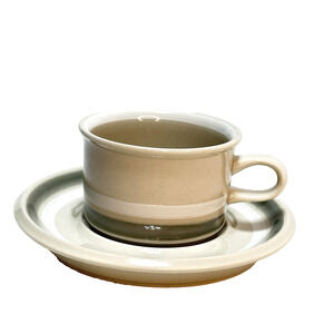 ARABIA OF FINLAND Salla Small Coffee Cup Saucer Gray Gray Tan White Stripe 4 oz.